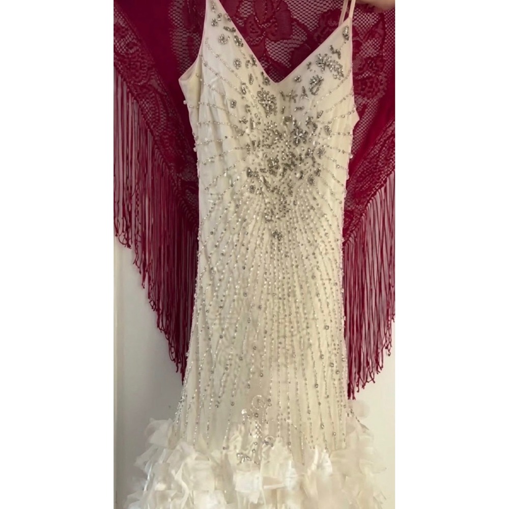 Vintage Sue Wong Silk Beaded Bridal Gown White Sunburst Beaded Silver Appliqué